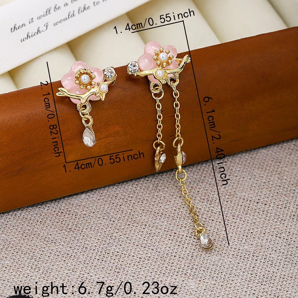 Pink Flower Dangle Earrings Floral Zircon Ear Stud Cute Peach Blossom Long Tassel Earrings Asymmetrical Flower Earring Jewelry for Women - Image 3