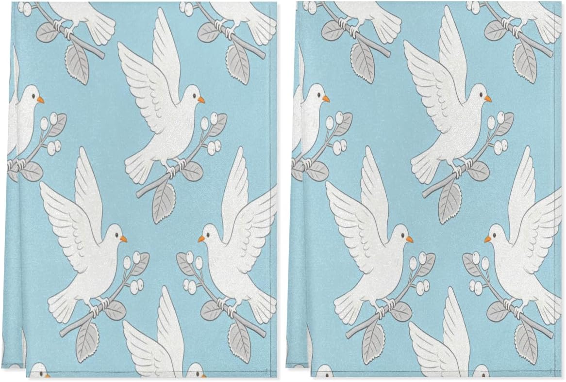 - White Pigeon Pattern Kitchen Towel 2 Piece Set-Soft to The Touch,Reusable,with Hanging Ring for Easy Hanging and use,Kitchen Decoration.