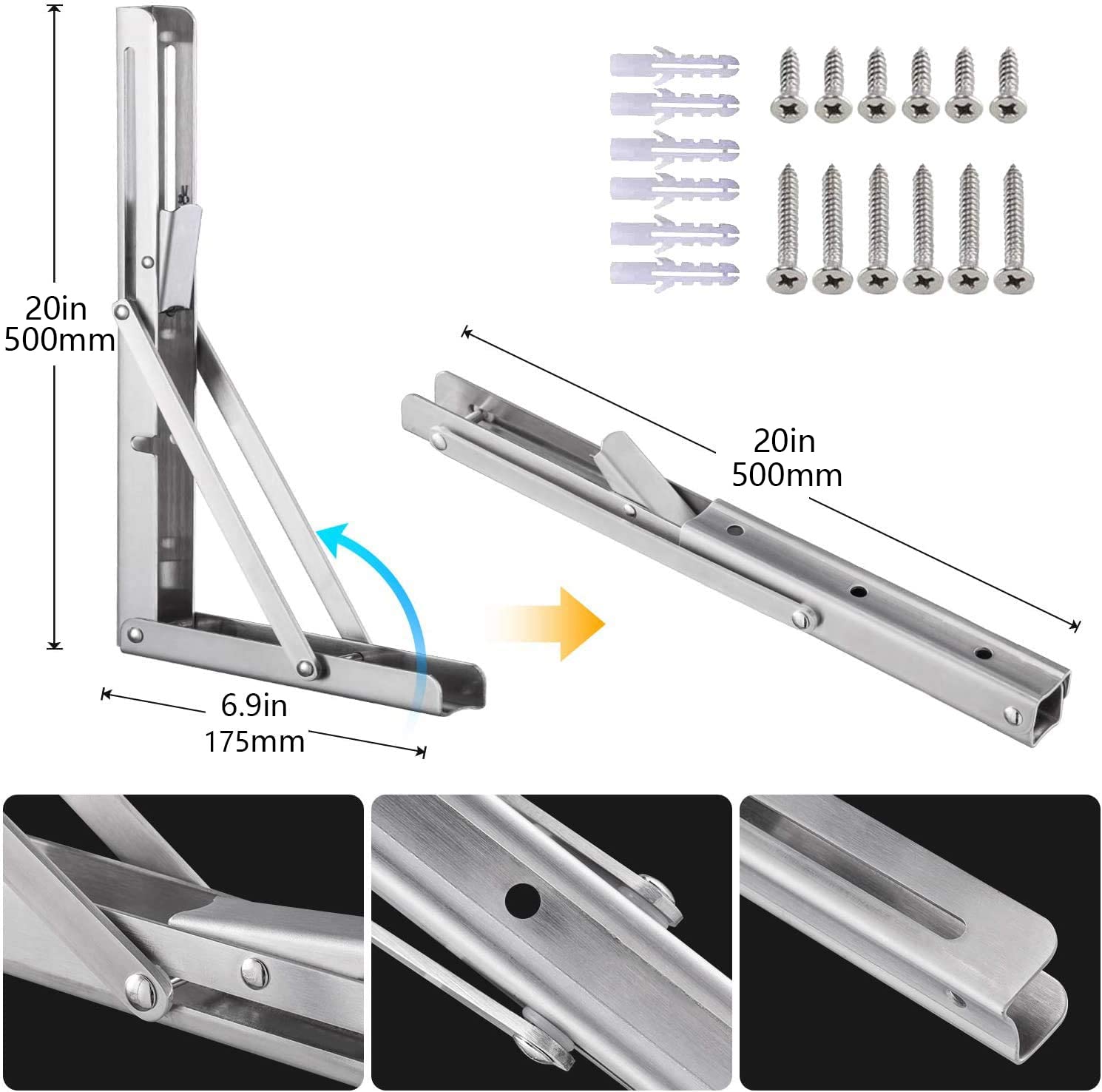 Professionelle Klappkonsole Schwerlast, Edelstahl Klappkonsolen Klappkonsole Tisch Klappregalhalterungen Klappträger Regalträger für Bänke und Regale (500mm, 2 Stück)