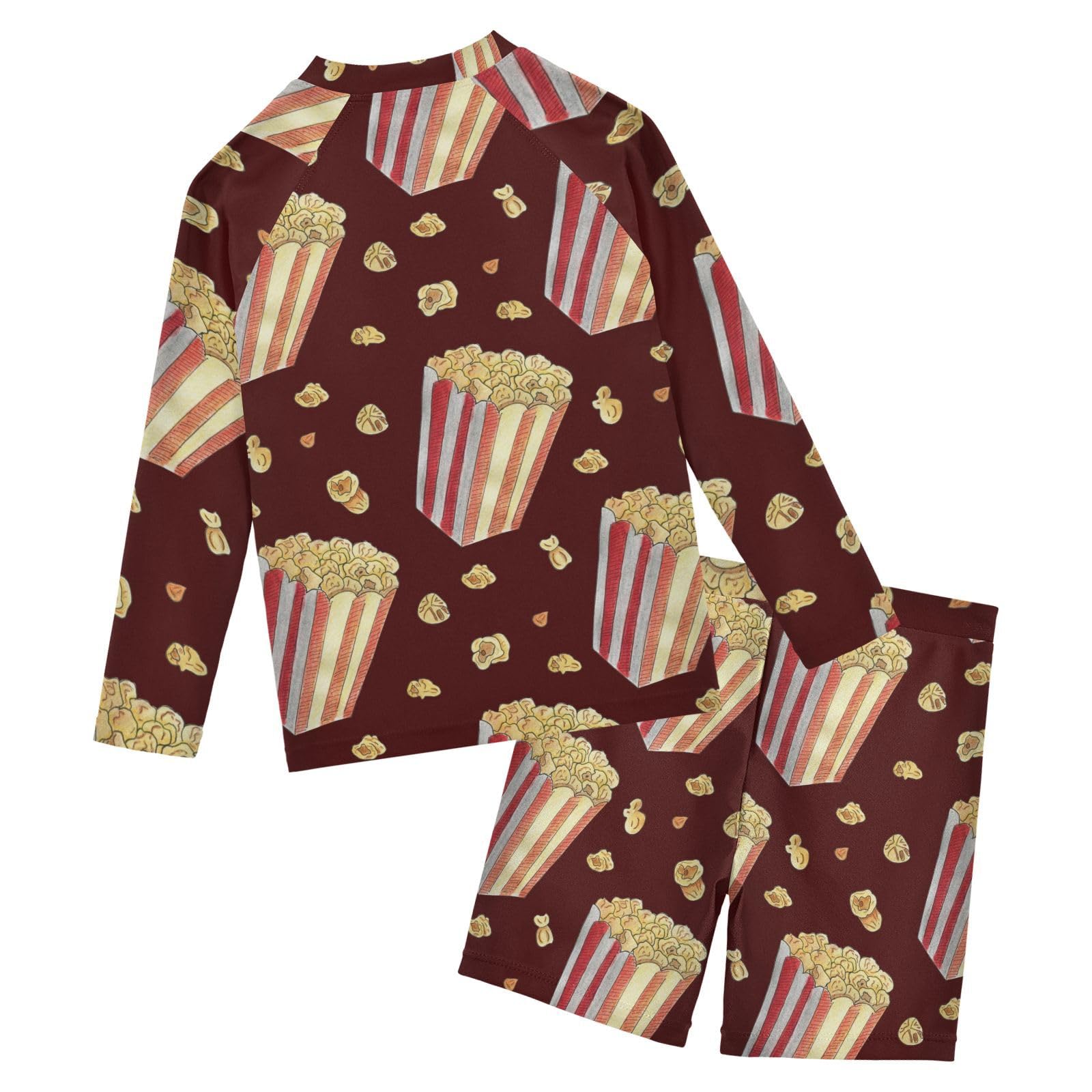 Aflyko Boys' Rash Guard Set Cute Popcorn Crewneck Swim Shirt with Jammer Stretchy Beach Shorts Comfortable Fit Summer Daily Wear, 7-8T Multicoloured