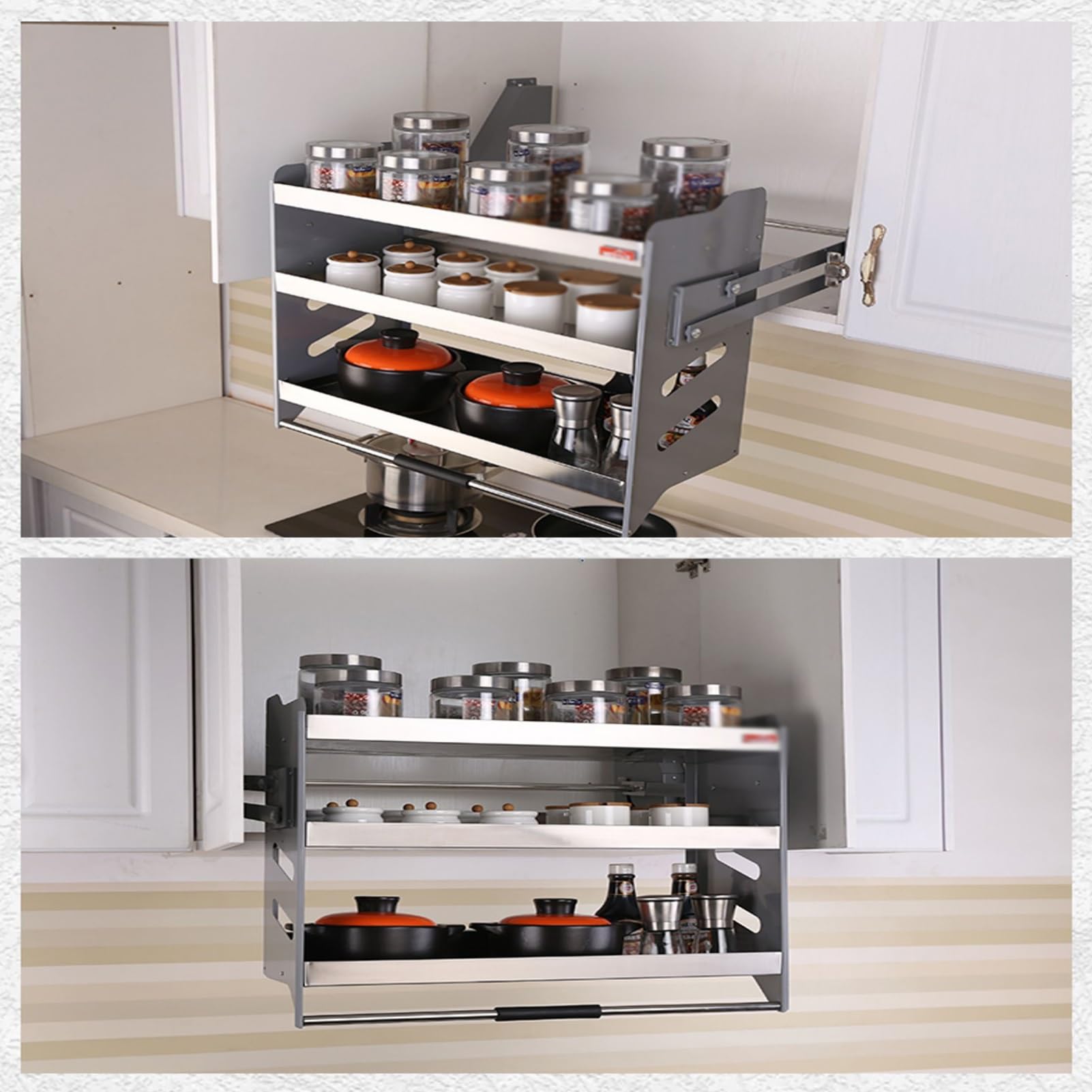 3-stufiger Pull-Down-Wandschrank-Organizer, Ausziehbares Wandregal, Schiebekorb, 30 Kg Gewicht, Platzsparender Organizer For Oberschränke(600mm cabinet)