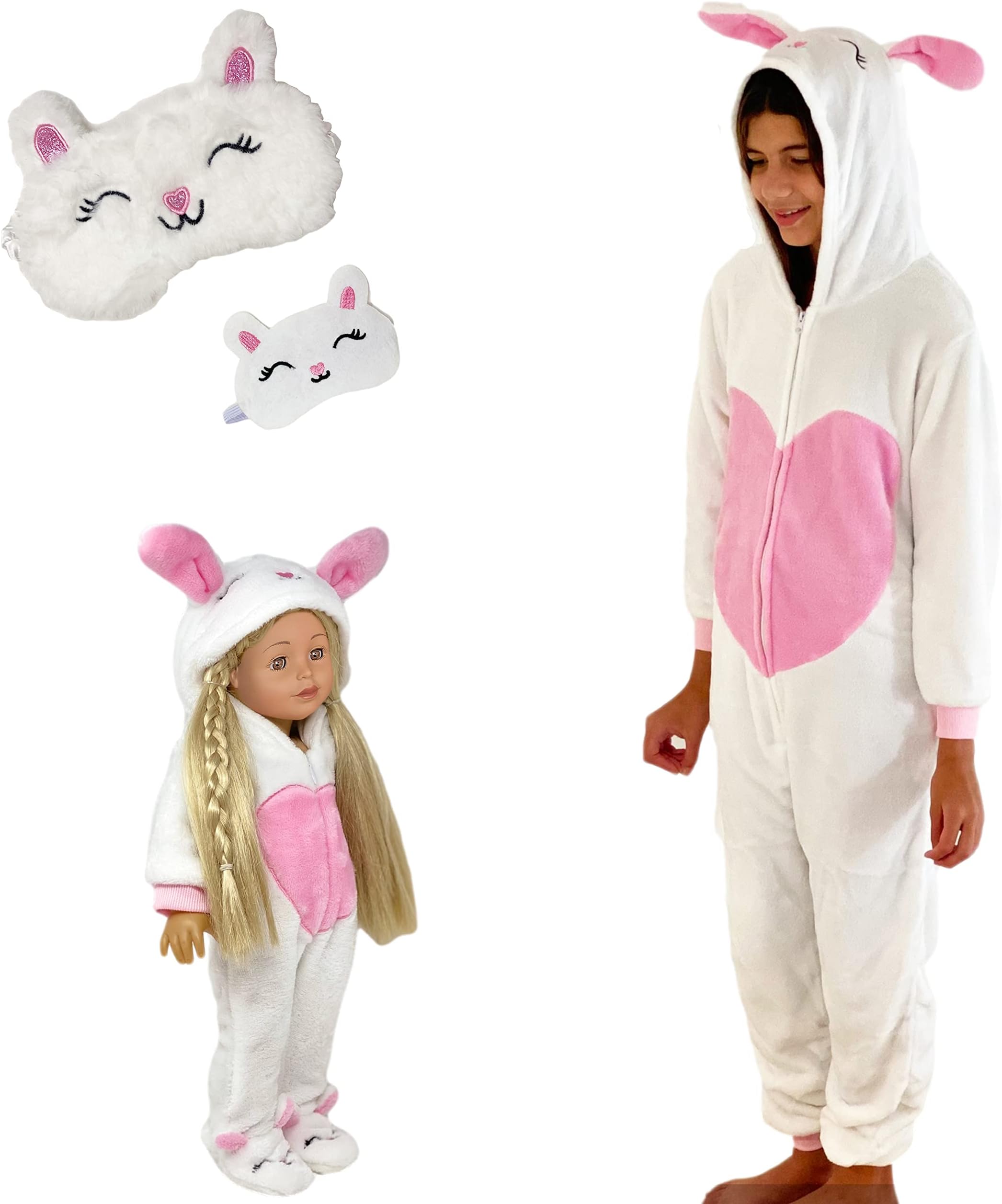 MY GENIUS DOLLSMY GENIUS DOLLS Bunny Matching Onesie Pajamas and Sleepmasks - Fits Girl and 18 inch Doll Like American (Doll Not Included)