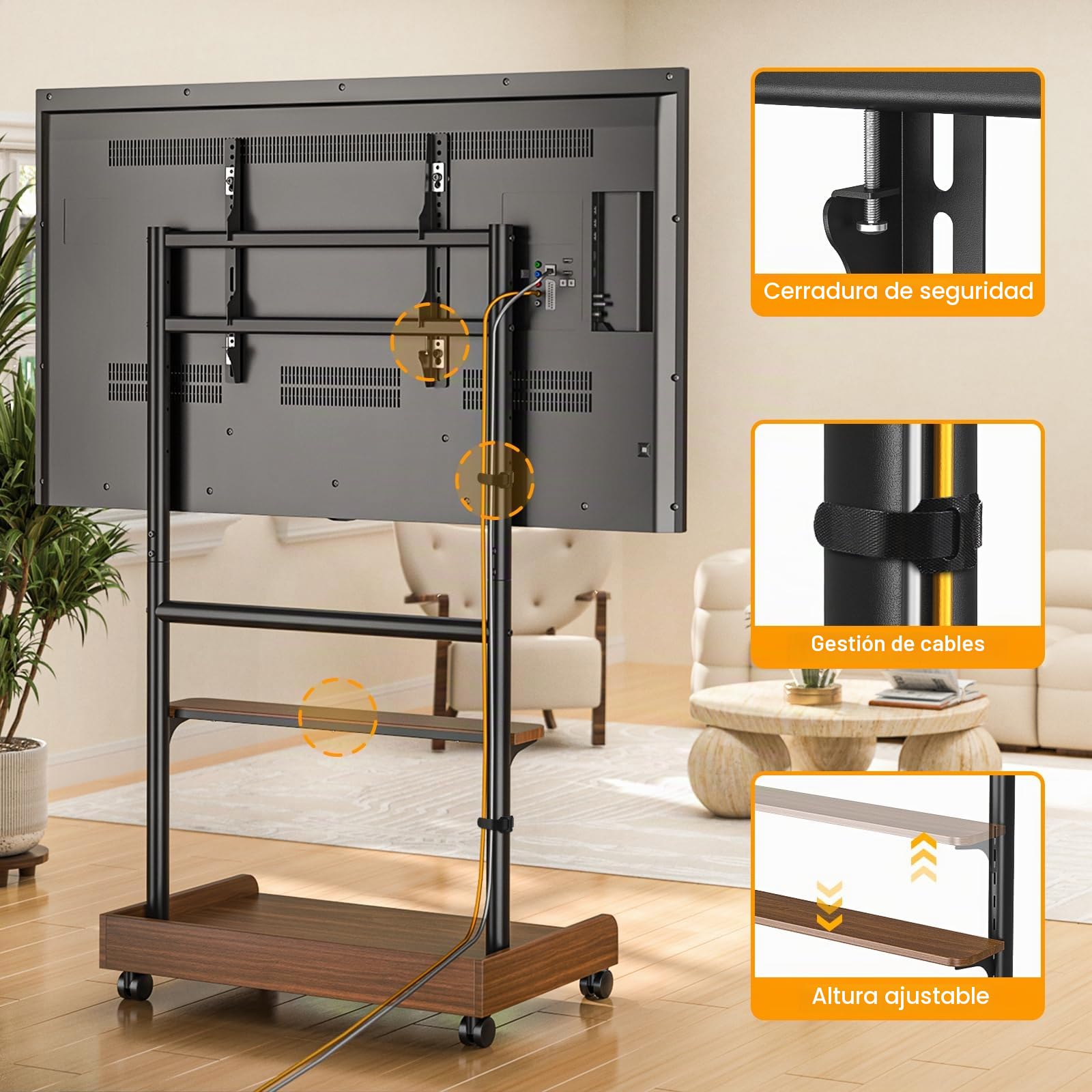 TVON Soporte de TV con Ruedas para 40-86 Pulgadas hasta 68 KG Nogal | Soporte TV Suelo base madera, Soporte TV Pie Altura Ajustable, Amplio almacenamiento, montaje fácil, máx. VESA 600 x 400 mm