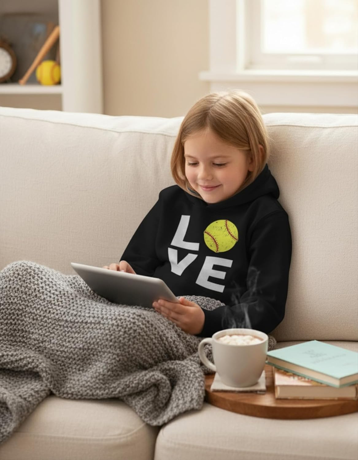 Tstars Love Softball Hoodie for Kids and Girls - Gift for Players, Fans, and Teams - Pullover with Soft Ball Print