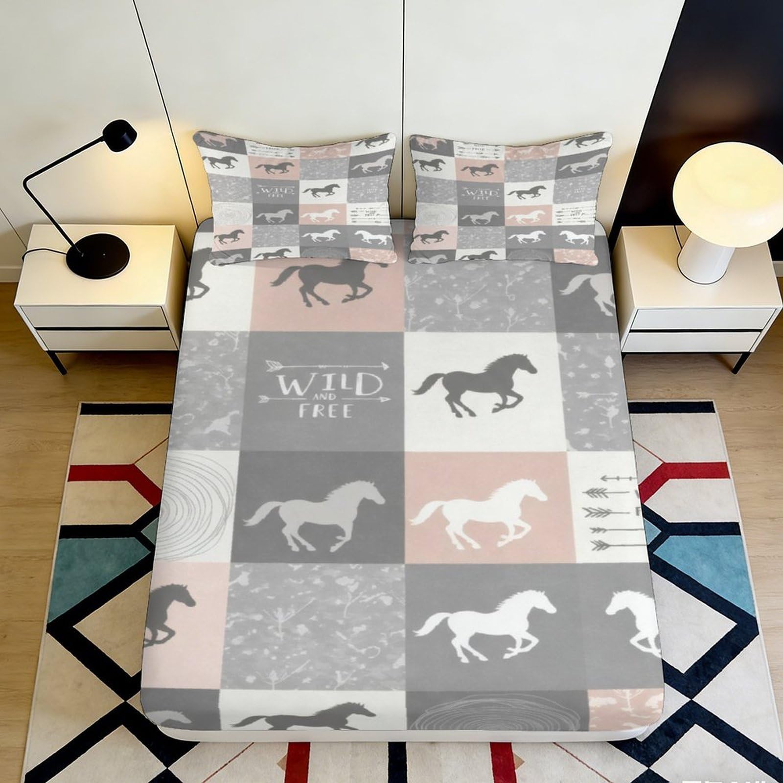 3D Printed Wild Horse Fitted Sheet Microfiber Soft Breathable Pastel Plaid Bed Cover for Bedroom Dorm Mattress Protection Decor 140x200x25cm
