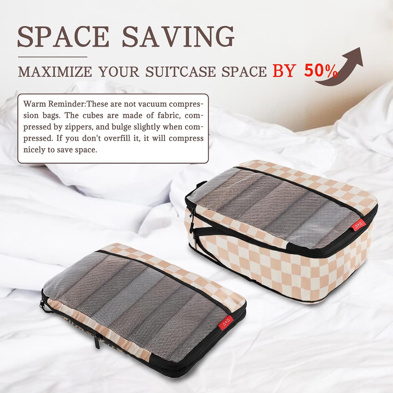 U+U 4 Set Compression Packing Cubes - Ultralight Travel Organizers, Space-Saving Suitcase Organizer, Expandable Packing Cubes for Travel, Business Trip and Family Vacation (Khaki Checkered)