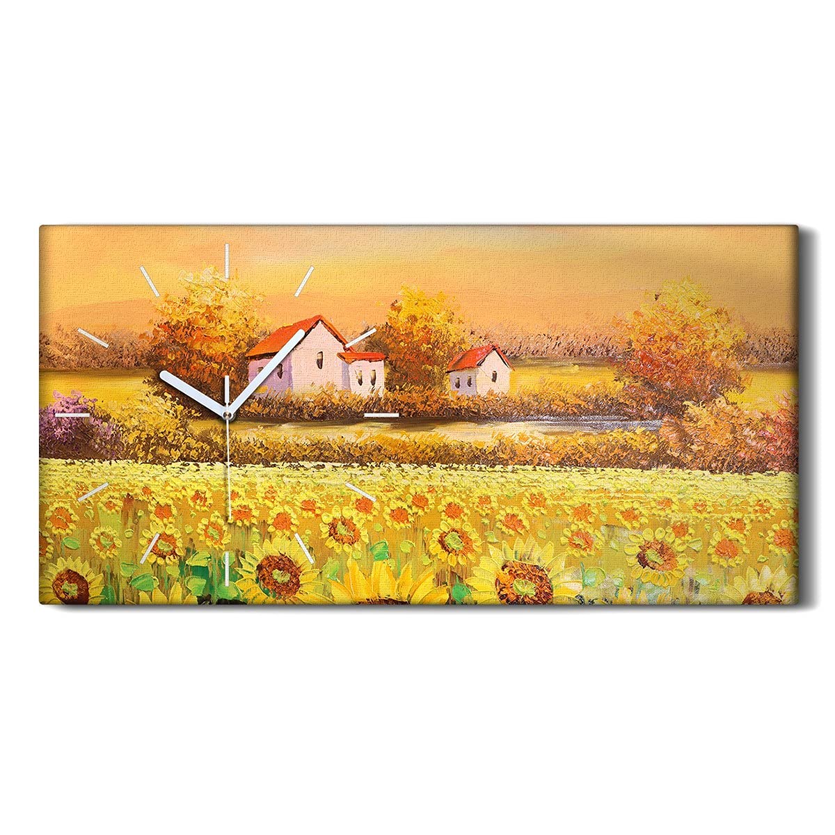 Horloge sur Toile 60x30cm Fleurs de Soleil Moderne et Silencieuse