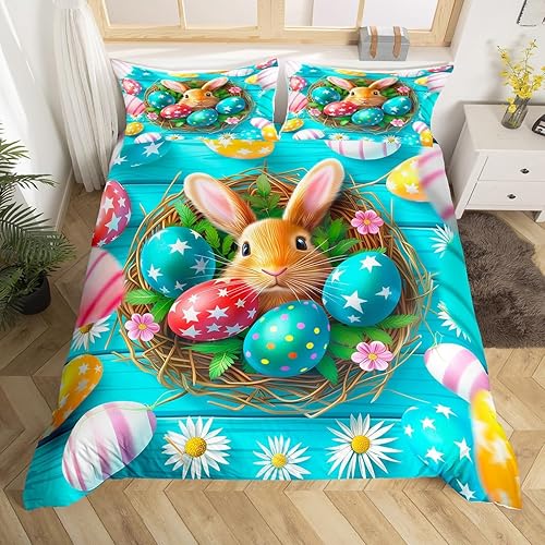 Manfei Juego de funda de edredón de Pascua para niños, tamaño matrimonial, funda de edredón con estampado de margaritas y huevos coloridos con 2