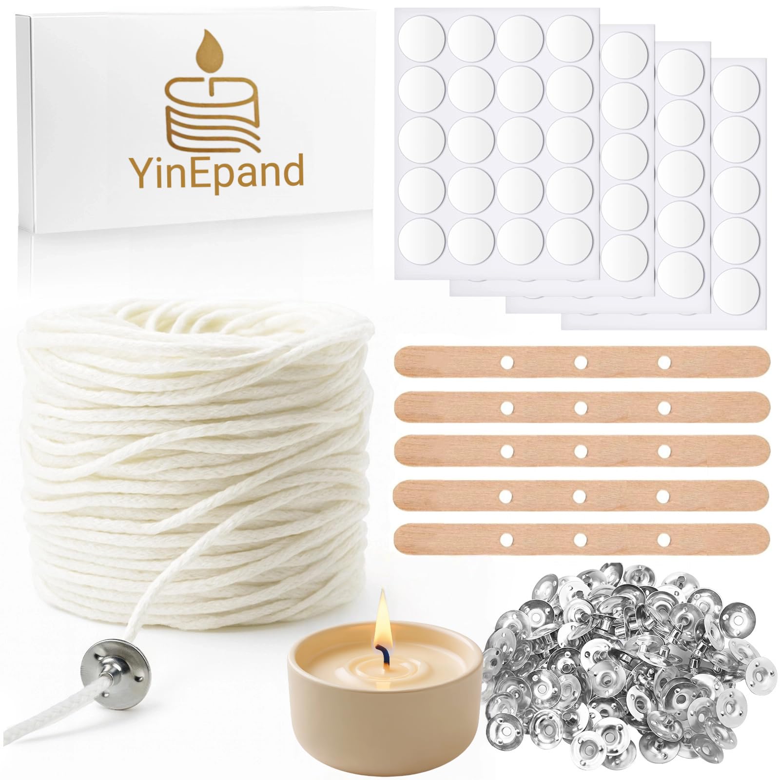 Photo 1 of ?262 Feet? Candle Wick with 125 Pcs Metal Candle Wick Sustainer Tabs, 80Pcs Candle Wick Stickers and 5Pcs Wooden Candle Wick Centering Device, 80m Natural Cotton Candle Wicks for Candle Making Kit