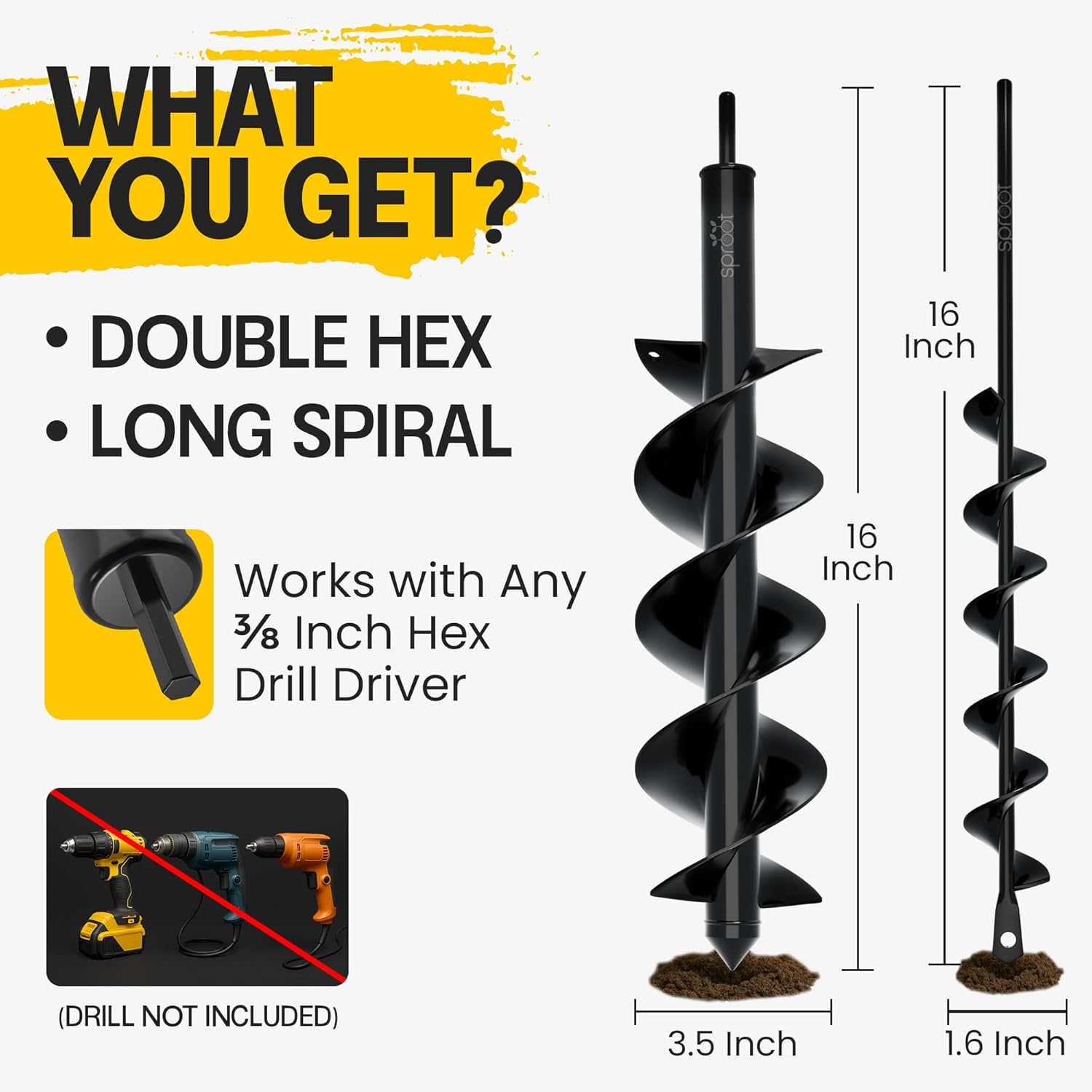 Sproot Garden Auger Drill Bit for Planting 2 Pack 1.6x16 & 3.5x16 Inch - Umbrellas and Fences Auger Post Hole Digger for Gardening and Spiral Bulb Planter Tool – 3/8 Inch Hex Drive Compatible
