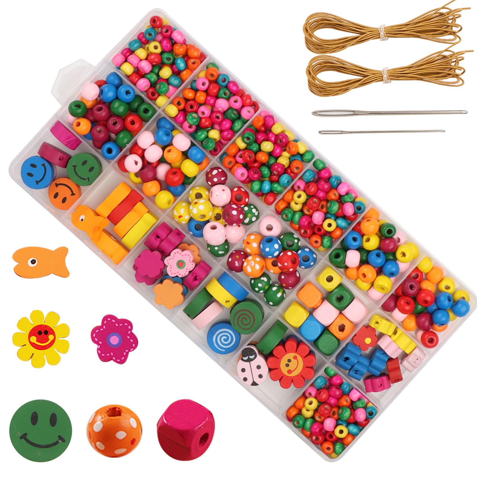 JTgugu Craft Colourful Wooden Beads for Threading DIY Bead Jewellery Set Children Wooden Beads with Hole for Threading Craft Beads for Bracelets Cord Set Necklaces Gift for Girls (500 Pieces)
