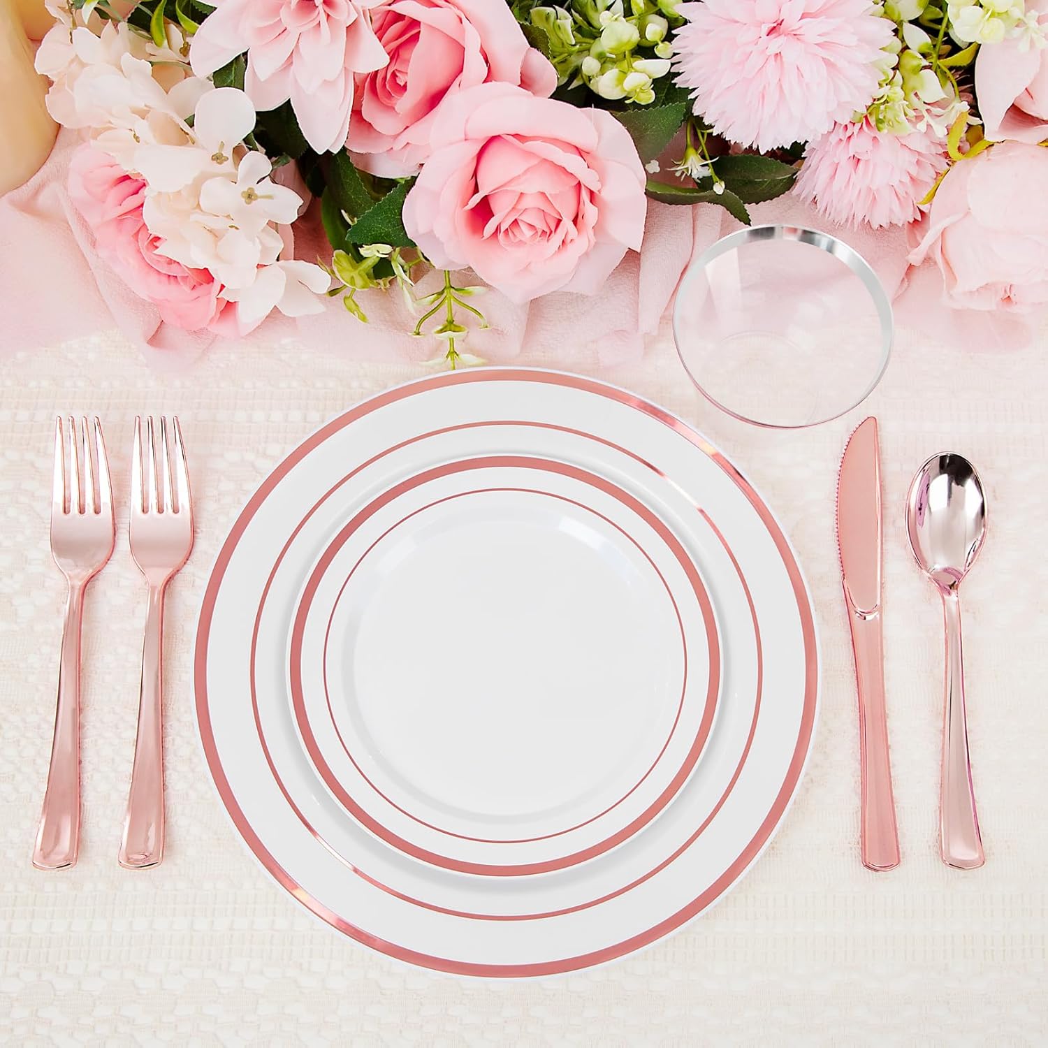 WELLIFE 300 PCS Rose Gold Dinnerware Set for 50 Guests, Valentine's Day Plate, 50 Dinner & Salad Plates,Cups, Forks Knives Spoons for Wedding Reception and Mothers Day Plates - Image 7