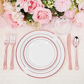 WELLIFE 450 PCS Rose Gold Disposable Dinnerware Set for 75 Guests, Mothers Day Plates, 75 Dinner & Salad Plate, Cups, Forks Knives Spoons for Wedding Reception and Valentine\'s Day