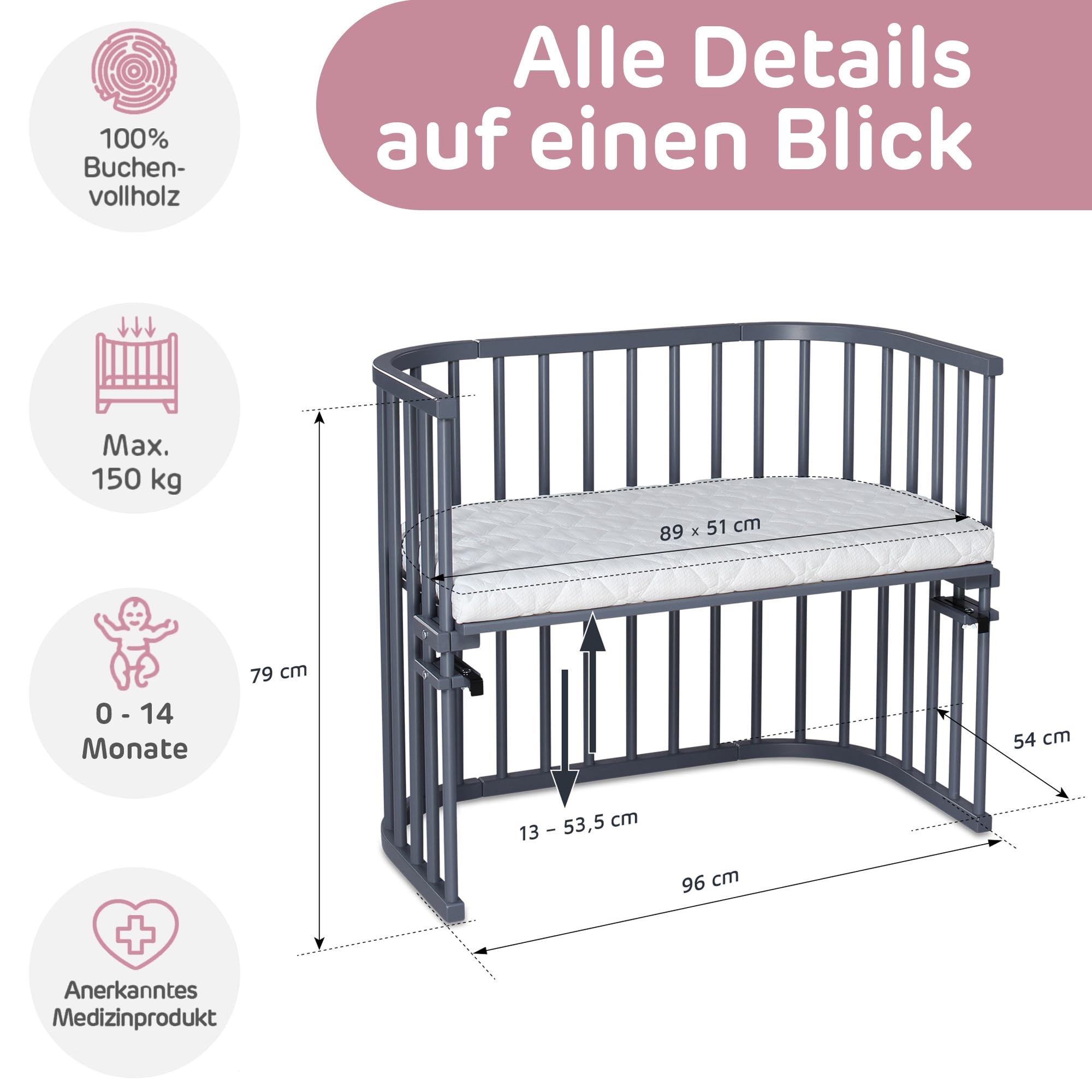 babybay Maxi łóżko pomocnicze, kolor łupkowy szary lakierowany z materacem Classic Soft