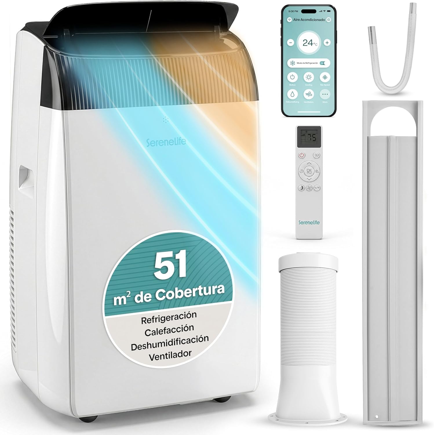 SereneLife Aire Acondicionado Portátil 12000 BTU con WiFi y Calefacción, Climatizador 4 en 1 con Deshumidificador y Ventilador, Modo Noche, Kit de Ventana, para Hogar y Oficina