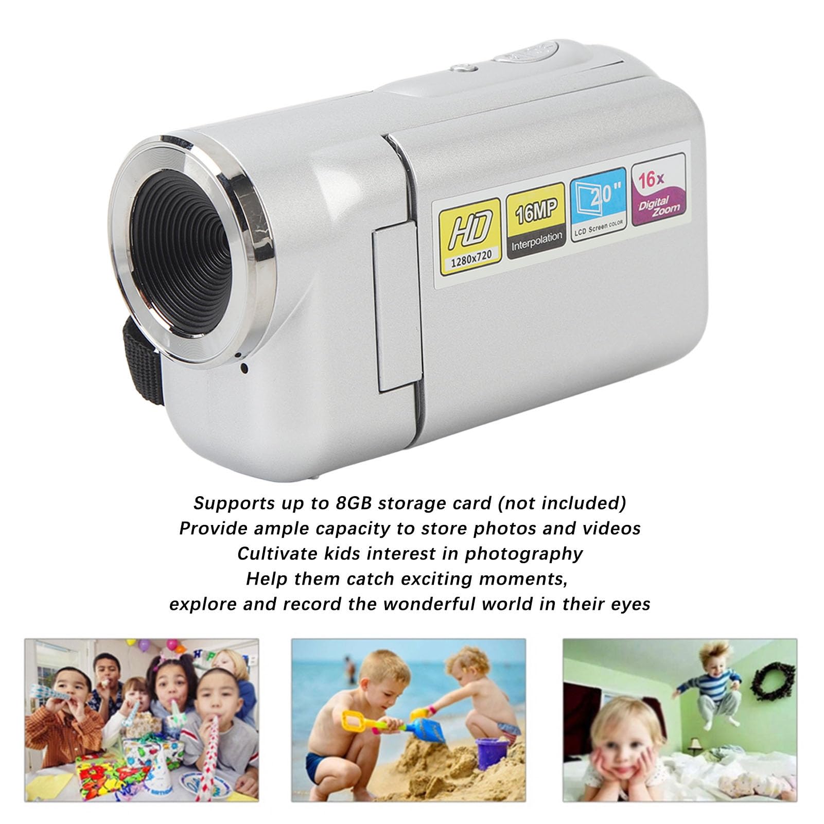 Video Camera, 16MP 1080P HD with 2 Inch Color Screen, 16X Zoom, Easy Grip Strap, Digital Camera, for Beginners Boys Girls to Learn Photography (Silver)