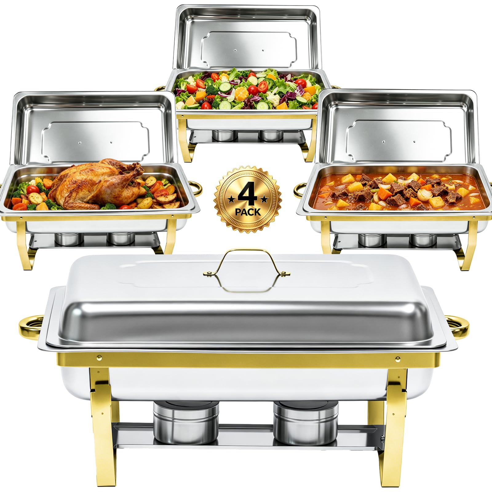 Photo 1 of EXCGRPAR Chafing Dish Buffet Set - 9QT, 4 Full-Size Pans, Gold