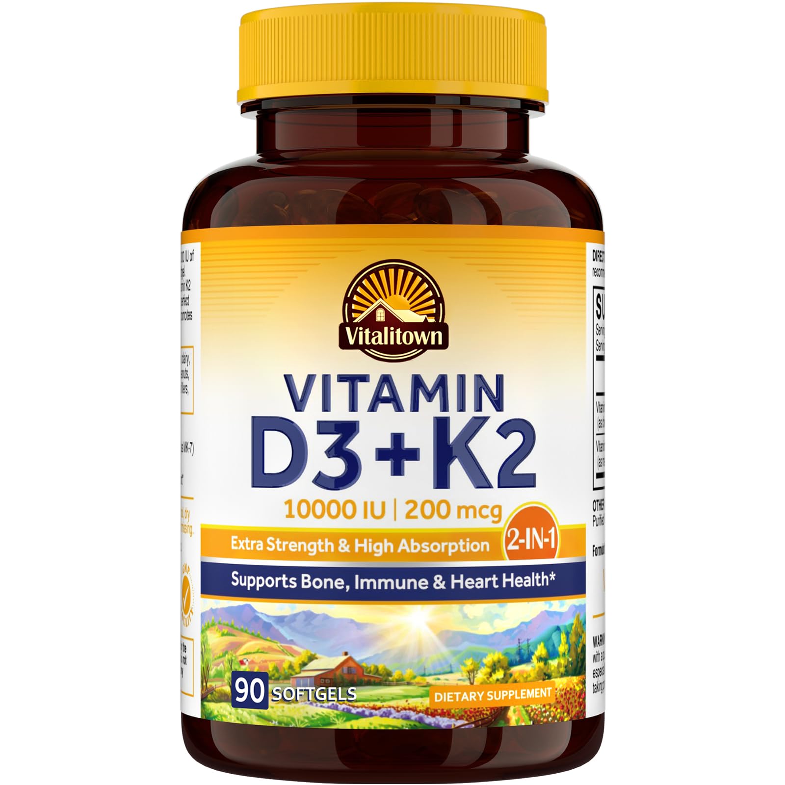 Vitalitown Vitamin D3 K2 Supplement, Vitamin D3 10000 IU Vitamin K2 (MK7) 200 mcg, 90 Softgels, Non-GMO, No Gluten & Soy, for Bone, Teeth, Immune, Heart & Muscle Health