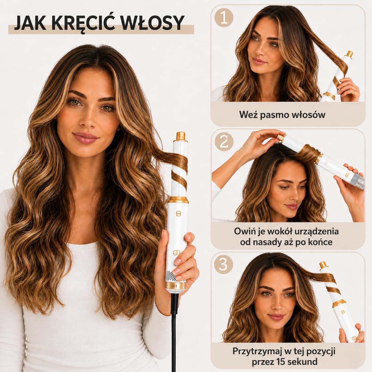 Golden Goods Airstyler Lokówka 5 w 1 - Szczotka do loków - Wielofunkcyjna suszarka do włosów z 5 nasadkami - Prostownica 1000 W - edycja biała/złota
