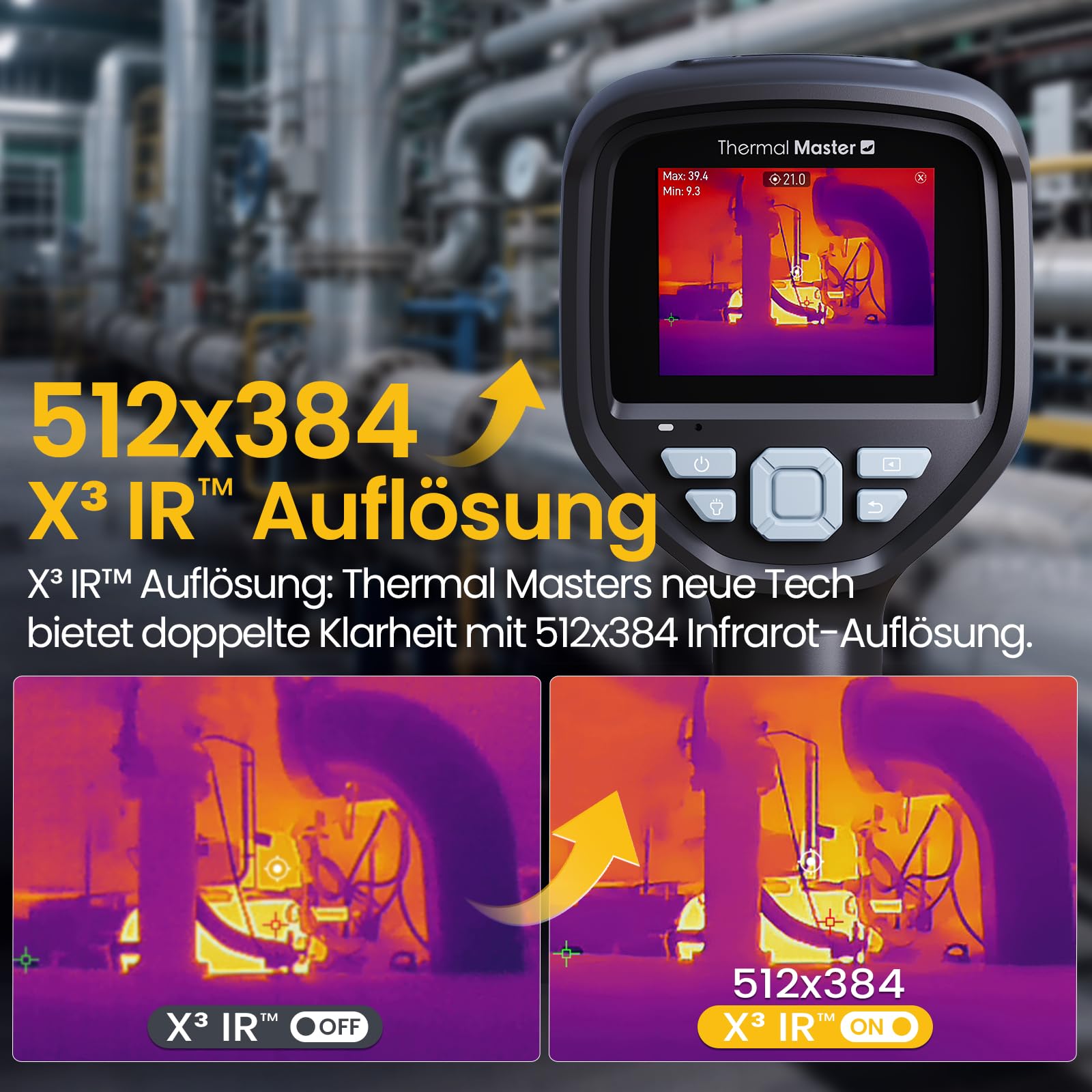 Wärmebildkamera Super IR-Auflösung 512x384 Infrarotkamera mit 2M Pixel Visuelle Kamera 3,5-Zoll IPS Bildschirm -20°C - 550°C Thermal Imaging Camera für Industrielle Inspektion 40mk (Thor002 Schwarz1)