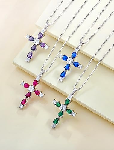 Miniatura 4 de YL Collar de cruz para mujer de plata de ley 925 con dije de piedras preciosas con halo de piedra natal, joyería religiosa para mamá