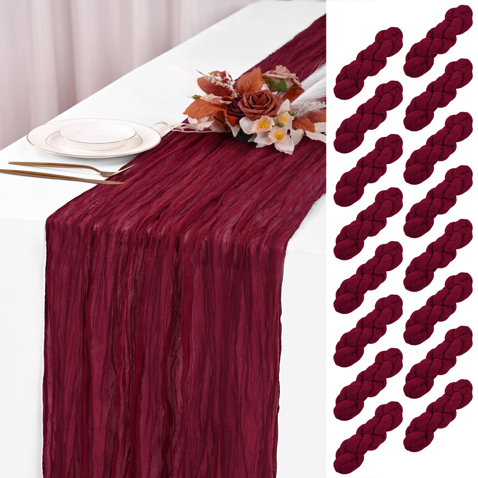 16 Pack Burgundy Cheesecloth Table Runner 120 Inch 10FT Spring Boho Rustic Sheer Gauze Cheese Cloth Table Runner for Wedding Baby Shower Birthday
