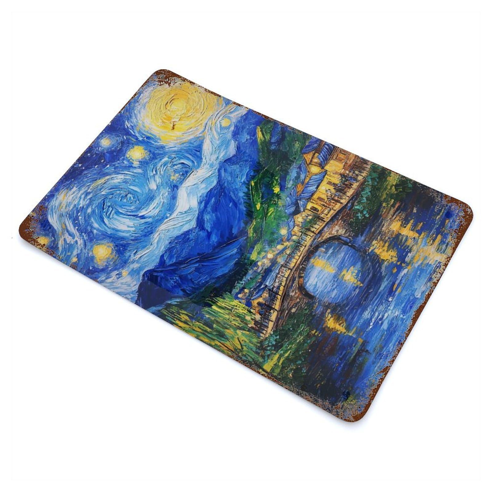 Aged Metal Wall Plaque with Starry Night Village Design 11.8"x7.9", for Basement, Hobby Room And Garage Decor, Farmhouse Wall Decor