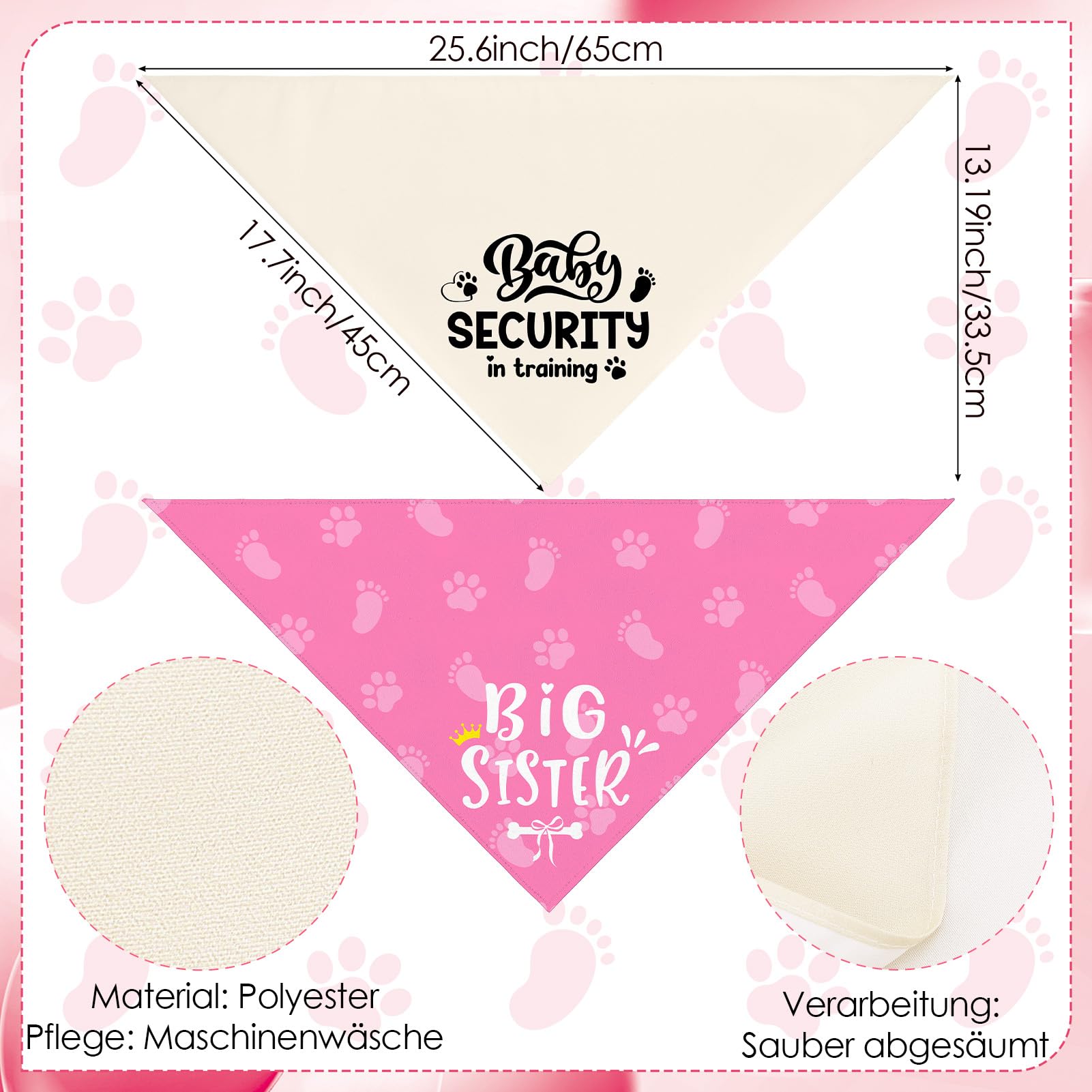Set di 2 fazzoletti da collo per cani di piccola taglia media e grande, rosa e beige