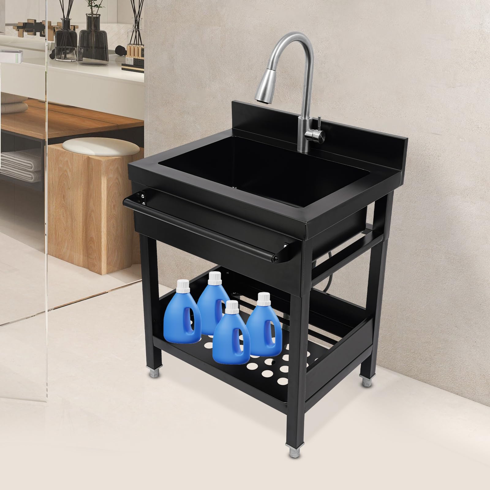 Lavabo freestanding catering cucina ristorante lavello multiuso monovaso con rubinetto, ripiani per garage, lavanderia, giardino, 66 x 52 x 86 cm