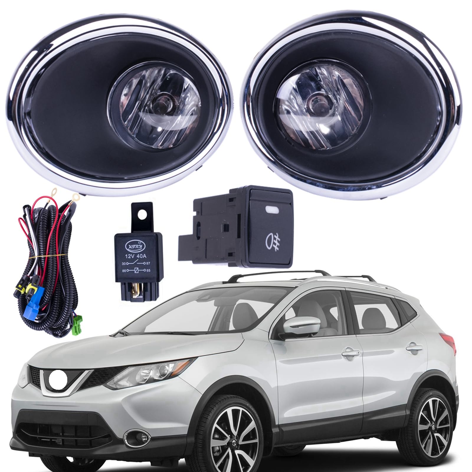 Tiny Force One Set Fog Light Lamps Compatible With Nissan Rogue Sport 2017-2019 With Covers + Switch + Wiring Kit ‎Replaces 62256-6MA0A NI1039156
