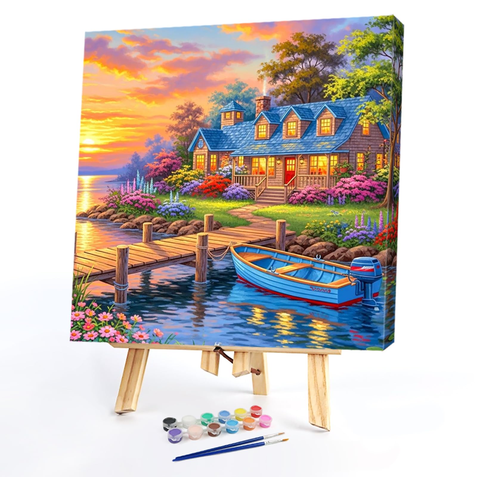 POETRYDRAW DIY Country Cabin Paint by Numbers Oil Painting Kit 13.65x13.65 inch with Frame for Beginners & Adults Home Wall Decor Gift