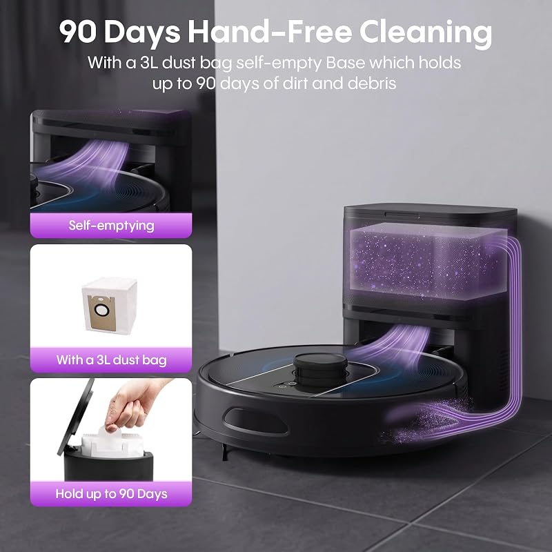 Bagotte Robot Vacuum and Mop Combo, 6000Pa Robotic Vacuum with Mapping, Self-Emptying Station for 90 Days Hands-Free, LiDAR Navigation,Wi-Fi/App/Voice Control, for Carpets&Hard Floors image 2