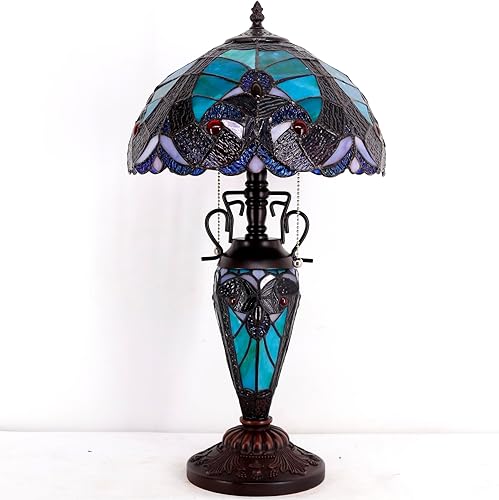 Miniatura 3 de WERFACTORY Tiffany - Lámpara de mesa estilo verde de vitral, 12 x 12 x 22 pulgadas, jarrón para madre e hija, decoración de escritorio, dormitorio,