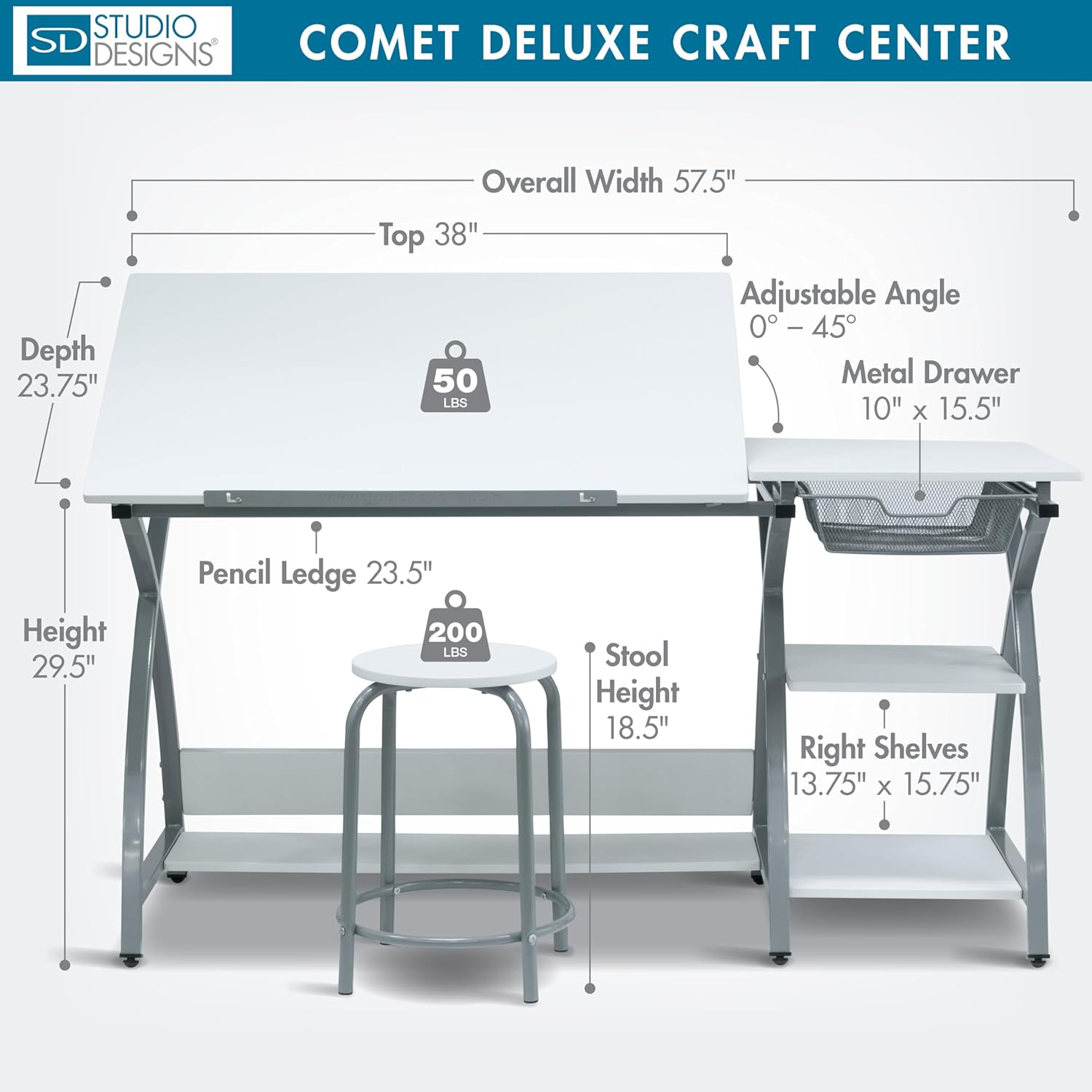 Deluxe Comet Craft Station with Stool, Adjustable Drafting & Art Desk with Storage Shelves, Pencil Ledge, Wire Mesh Drawer, 45° Tilting Top, Steel Frame, Silver/White