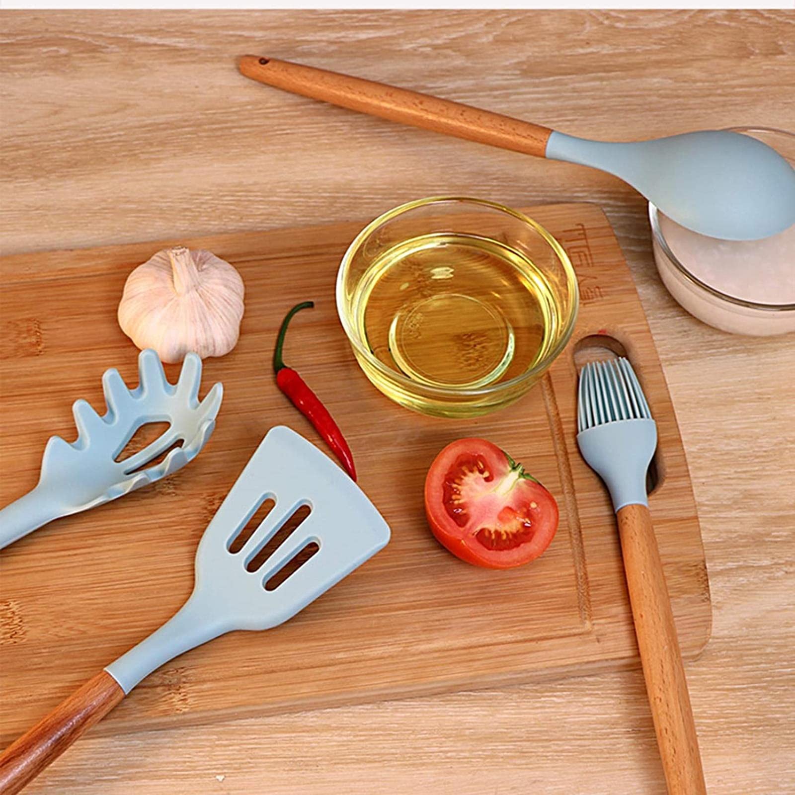 Langlebige Küchenutensilien-Set mit Halter 12-teilig Exquisite BPA-frei Holzgriff Silikon-Utensilien-Set Küchenhelfer