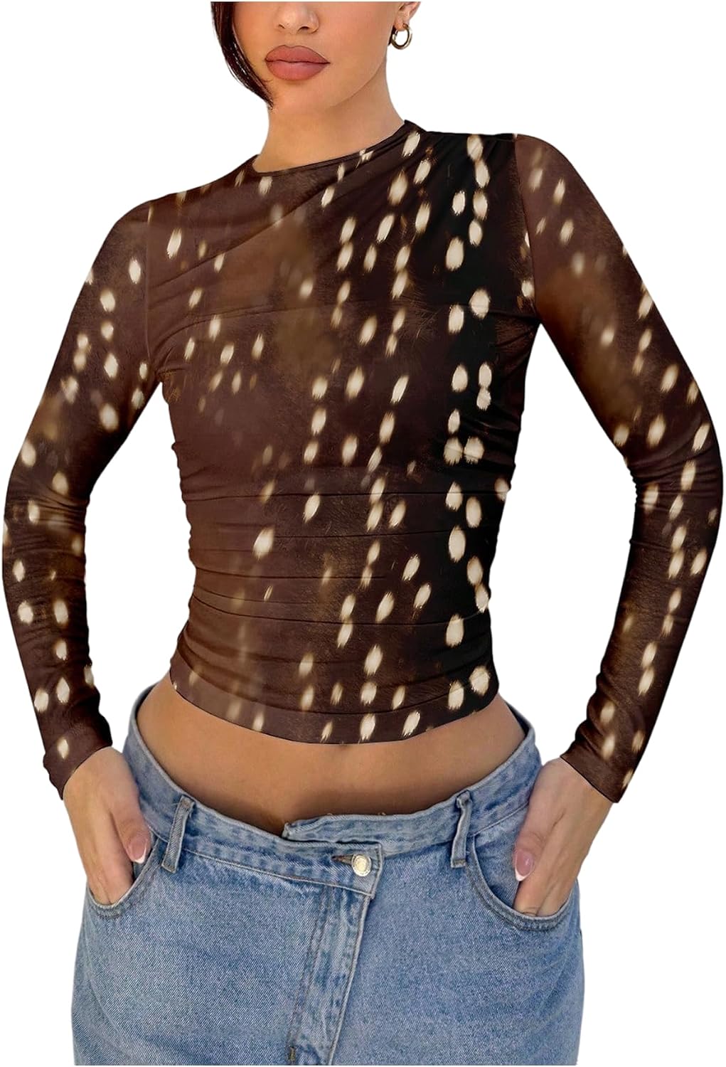GORGLITTER Women's Paisley Print Sheer Mesh Crop Tops Y2K Long Sleeve Crewneck Slim T Shirt