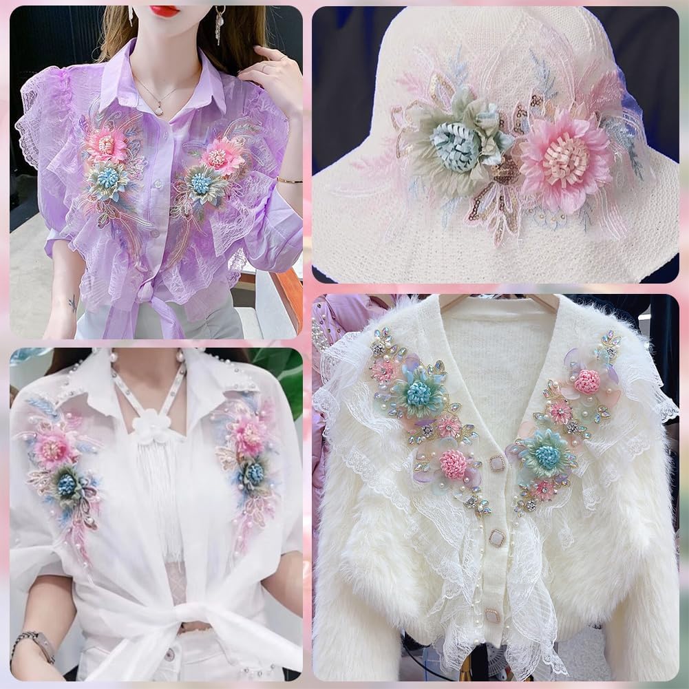 2Pcs Pink Flower Applique Embroidery Polyester Beaded Lace Appliques 3D Floral Sequin Embroidered Sew on Tulle Patches for Sewing Making Crafts Clothes Gown Wedding Bridal Accessories Supply