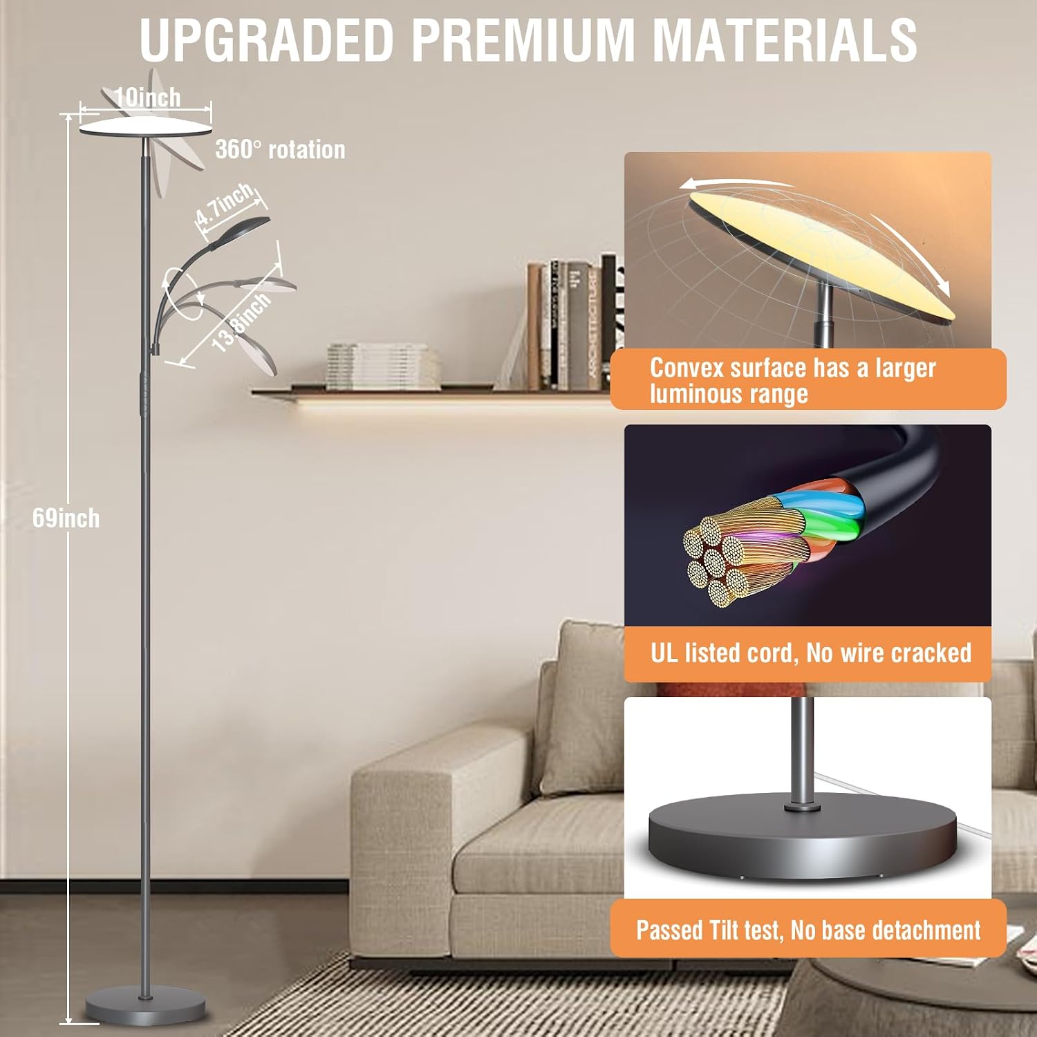 marctronic Gray Floor Lamps for Living Room, 44W/4500LM Super Bright 2 in 1 LED Floor Lamp with Remote, Stepless Dimmable, 69" Tall Standing Floor Lamp with Bendable Reading Light for Bedroom Office