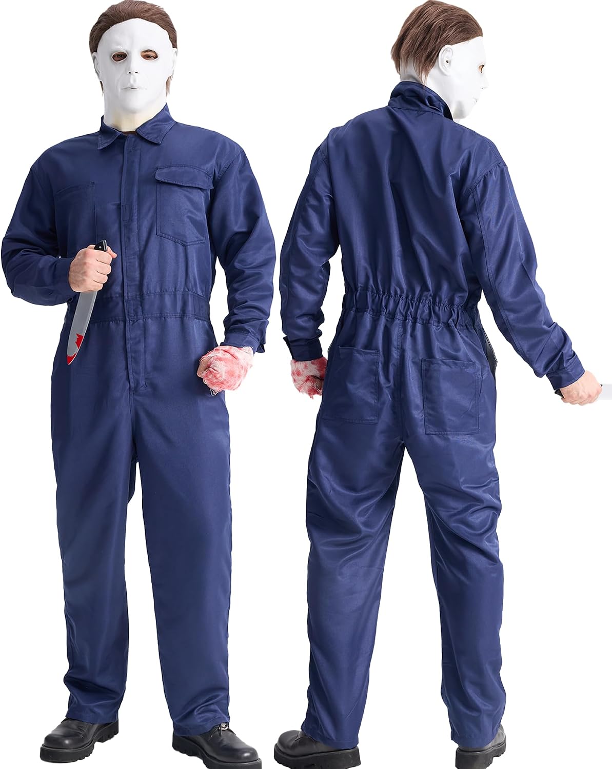 Men's Navy Halloween Jumpsuit Costume Set, Horror Mask, Prop knife, Gauze