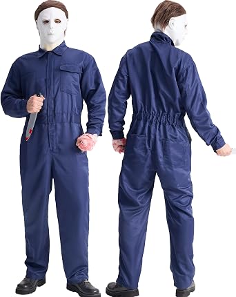 Men's Navy Halloween Jumpsuit Costume Set, Horror Mask, Prop knife, Gauze