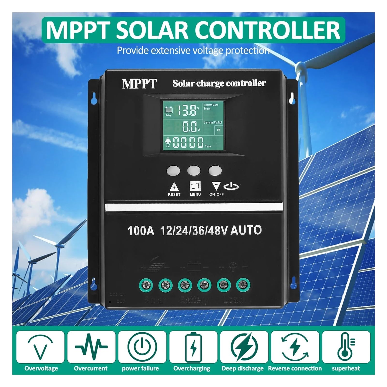 Contrôleur de Charge solaire MPPT 100A, 12/24/36/48V, régulateur de batterie LCD, double USB