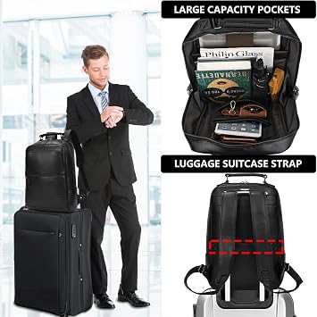 15.6 Inch Genuine Leather Laptop Backpack for Men and Women Business Travel Back pack Hiking Rucksack Daypack for Daily Use, Black