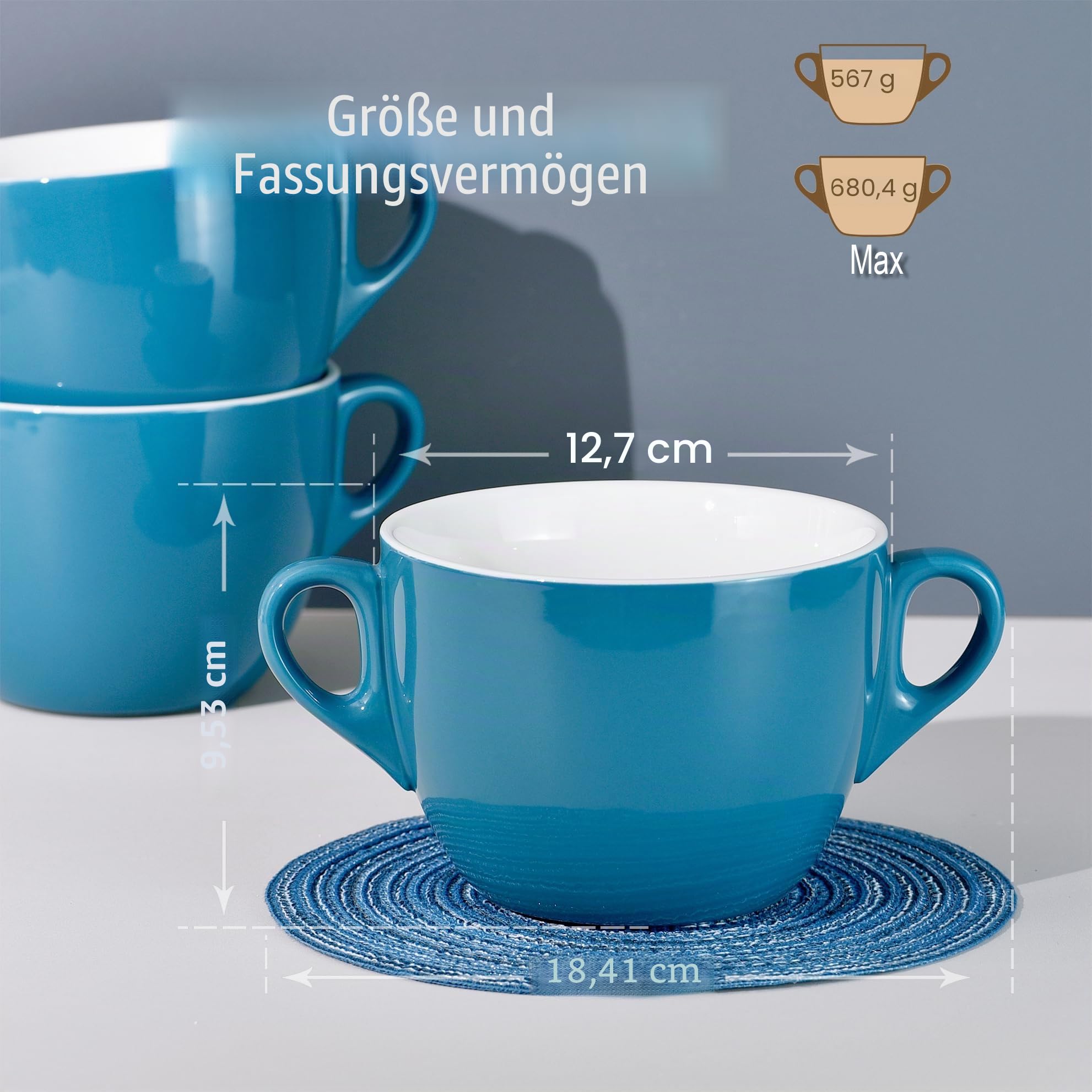 Aqua Blue Suppentöpfe mit Doppelgriffen, Keramik, vielseitige Schüsseln, mikrowellengeeignet, stapelbar, Gesundheitstasse, perfekter Ersatz oder neues Geschenk für die Küche, Hauseinweihung, 4