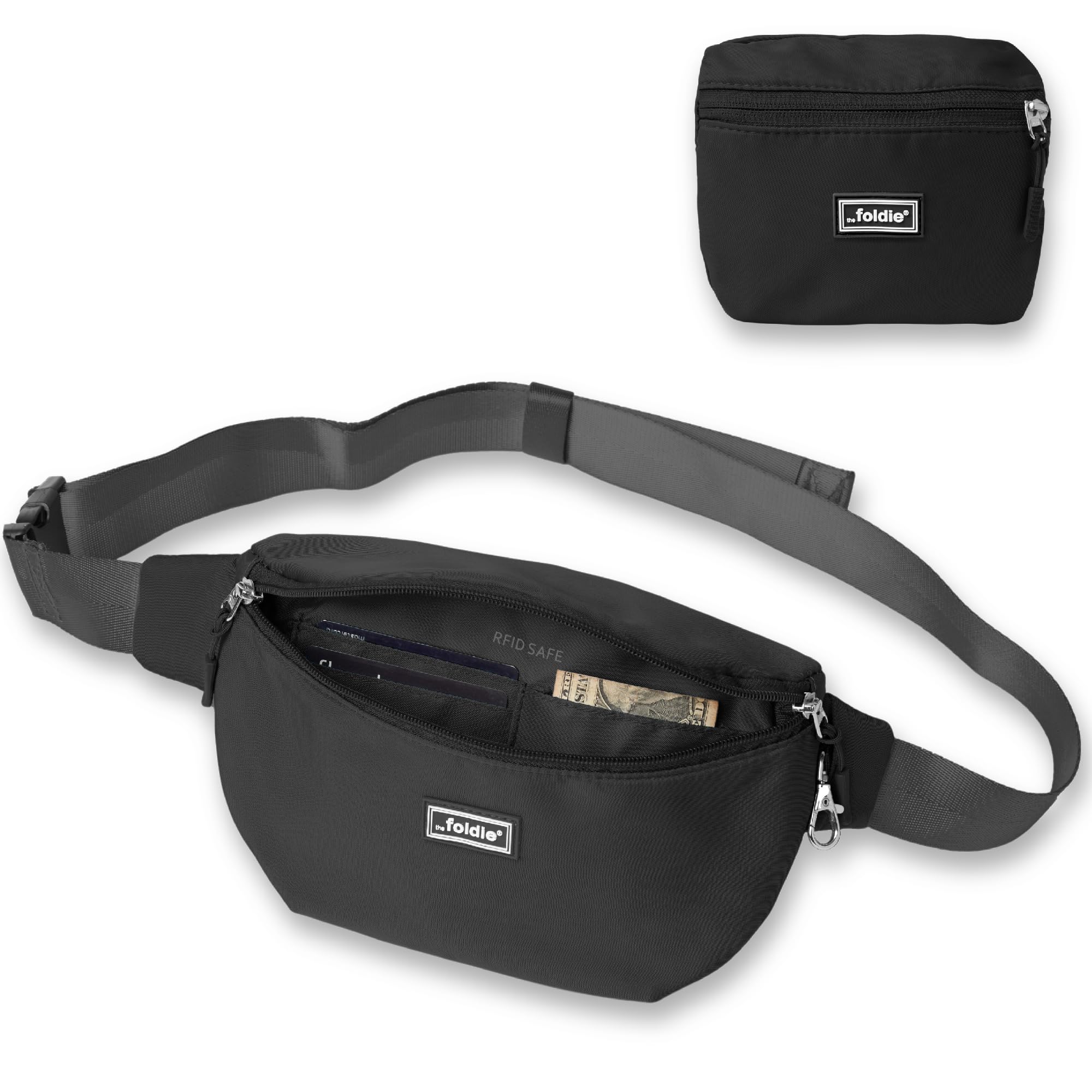 The Foldie Foldable Crossbody Bags for Women & Men - Anti-Theft RFID-Safe Fanny Pack with Smart Lockable Zippers and Cut-Resistant Strap - Lightweight Waist Pack for Travel & Everyday Use - Black