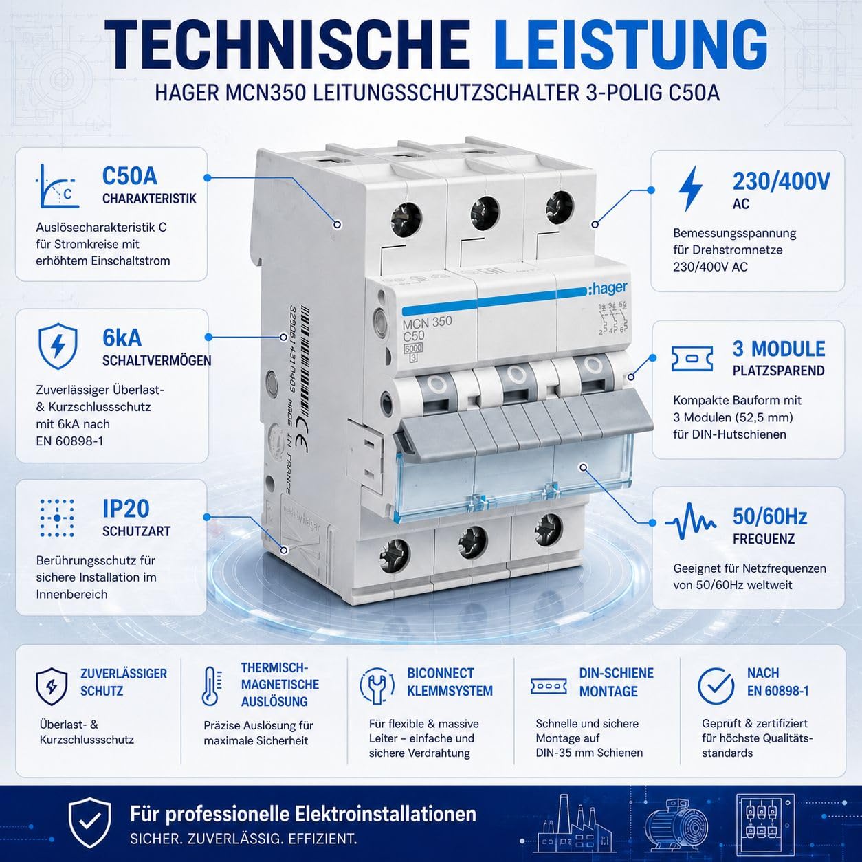 HAGER MCN350 Leitungsschutzschalter 3 polig 50A, C-Charakteristik, 6kA Sicherungsautomat 3P für Drehstrom, biconnect Klemmsystem, LS-Schalter für Hutschiene, 3 Module, 230 400V AC