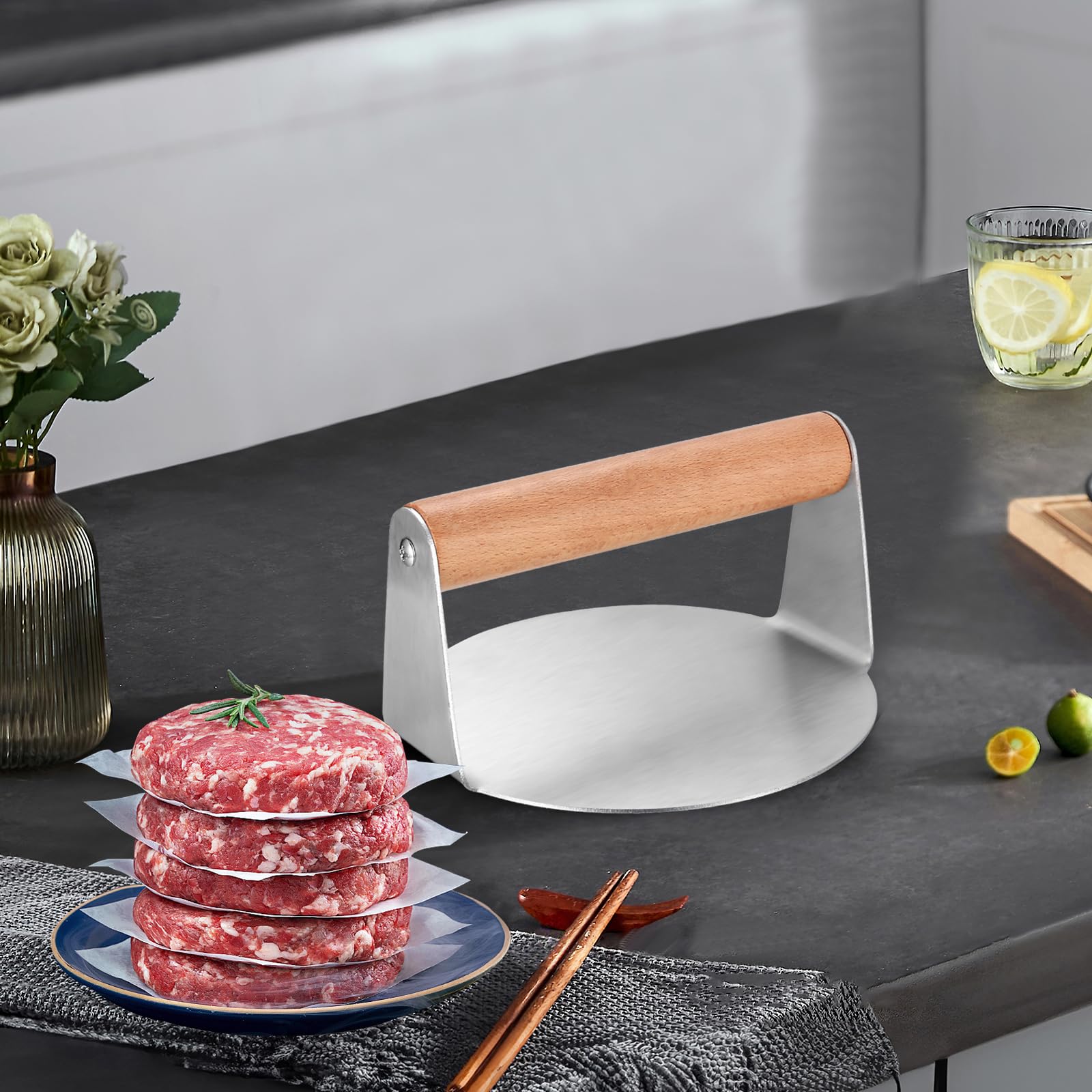 Presse à Burger Steak Haché Presse à Hamburger En Acier Inoxydable 304, Ronde Smash Burger, 5 Presse A Hamburger