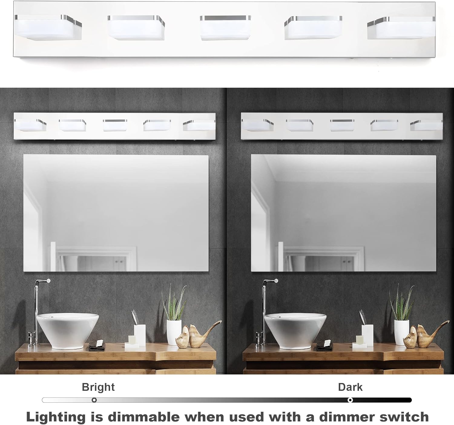 3 Colors Dimmable Bathroom Light Fixtures over Mirror LED Chrome Vanity Lighting Fixtures Acrylic Stainless Steel 5 Light Bathroom Vanity Light Fixtures, Adjustable 3000K/4000K/6000K, 360° Rotate