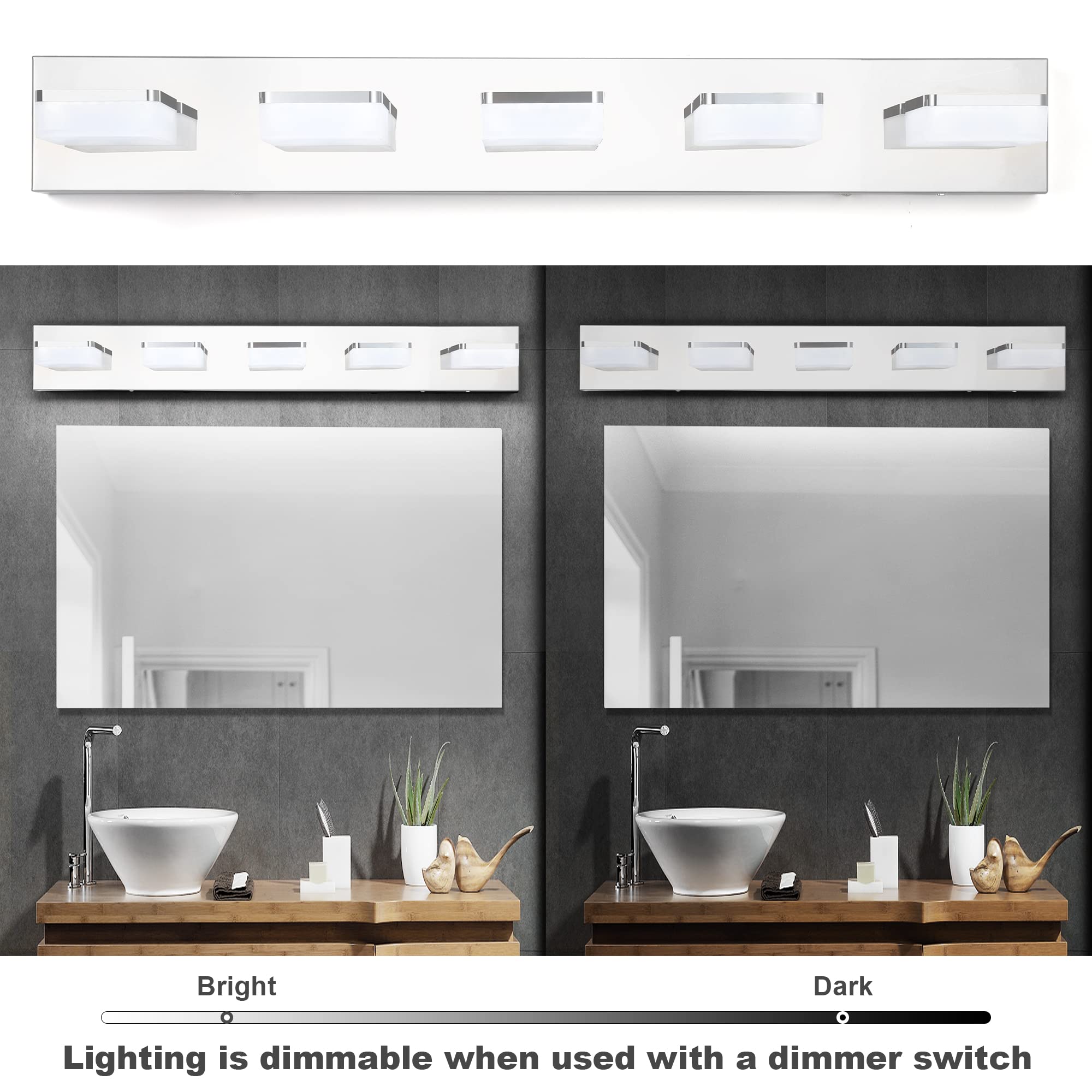3 Farben dimmbare Badezimmerleuchten über Spiegel LED Chrom Make-up Leuchten Acryl Edelstahl 5 Licht Badezimmer Make-up-Leuchten, einstellbar 3.000 K/4.000 K/6.000 K, 360° drehen
