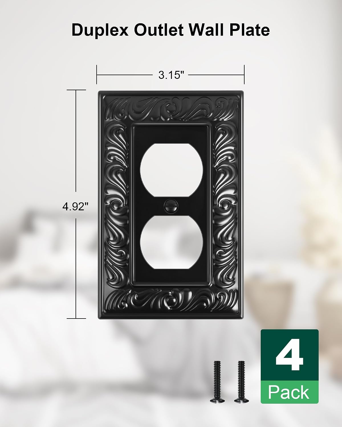 4-Pack Paisley Pattern Duplex Outlet Cover Plate,Metal Switch Plates | Wall Plates for Electrical Outlets, 1 Gang Receptacle Cover, Decorative Switch Plates and Outlet Covers, Matte Black