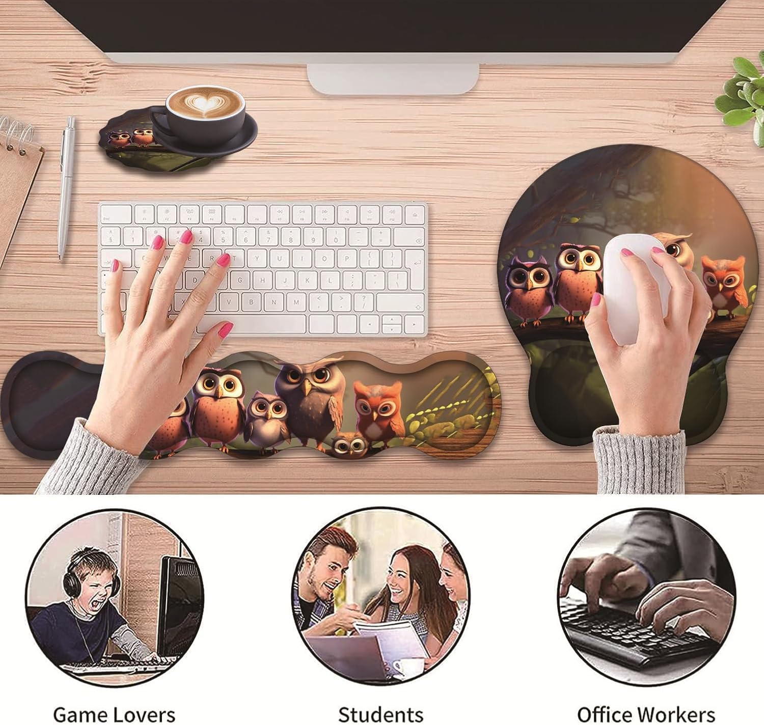 3 in 1 Keyboard Wrist Rest + Mouse Pad and Coaster, Ergonomic Gel Mouse Pad and Keyboard Pad Set, Comfortable Lightweight for Easy Typing Pain Relie, Cute Owl